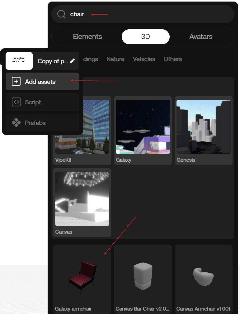 adding 3D assets like chairs from the library