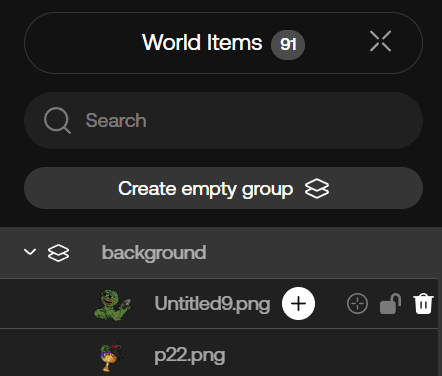 World Items list showing Trash Can icon on hover